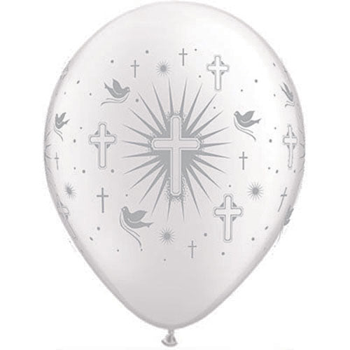 Qualatex Balloons Cross & Doves on Pearl White w/ Silver Ink 11" E209