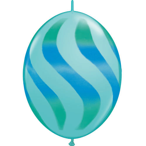 (Closeout) Qualatex Balloons Quicklink Caribbean Blue w/ Blue-Green Wavy Stripes  12"