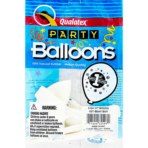 (Closeout) 1st Birthday Boy On White 11in. 5pc. Qualatex Balloons