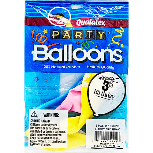 (Closeout) Happy 3rd Birthday On Asst. Colors 11in. 5pc. Qualatex Balloons