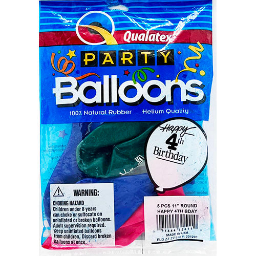 (Closeout) Happy 4th Birthday 11in. 5pc. Asst. Colors Qualatex Balloons