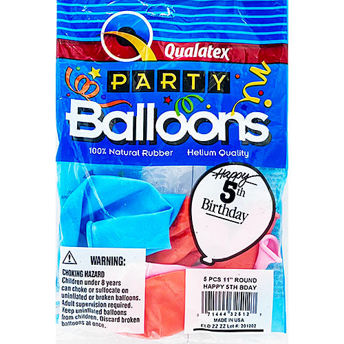 (Closeout) Happy 5th Birthday 11in. 5pc. Asst. Colors Qualatex Balloons