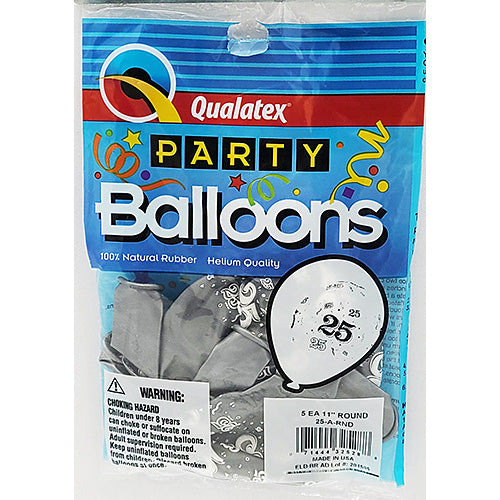 (Closeout) Qualatex Balloons "25 Around" on Silver 11in. 5pc.