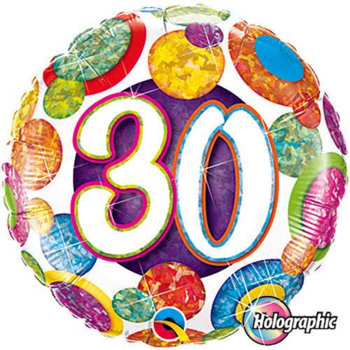 (Closeout) Big Dots 30 Birthday Holographic Balloons 18in.