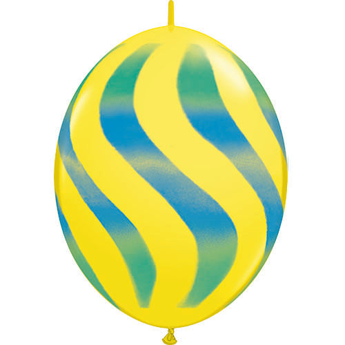 (Closeout) Qualatex Balloons Quicklink Yellow w/ Blue-Green Wavy Stripes  12" C202
