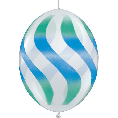 (Closeout) Qualatex Balloons Quicklink Diamond Clear w/ Blue-Green Wavy Stripes  12" C202