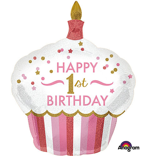 1st Birthday Cupcake Girl Balloons 36in.