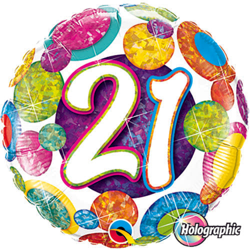 (Closeout) Big Dots 21 Birthday Holographic Balloons 18in.