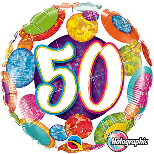 (Closeout) Big Dots 50 Birthday Holographic Balloons 18in.