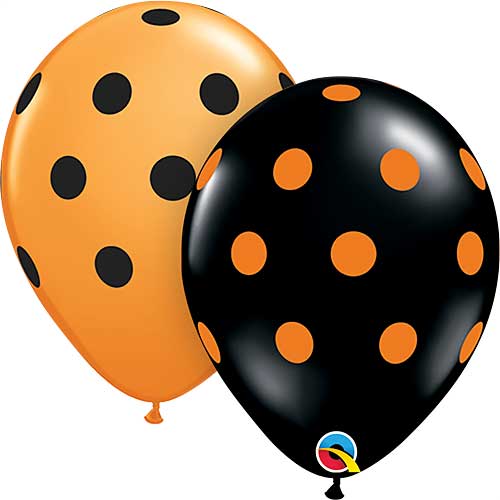 Qualatex Balloons Big Polka Dots Onyx Black w/ Orange Ink & Orange w/ Black Ink 11" E232