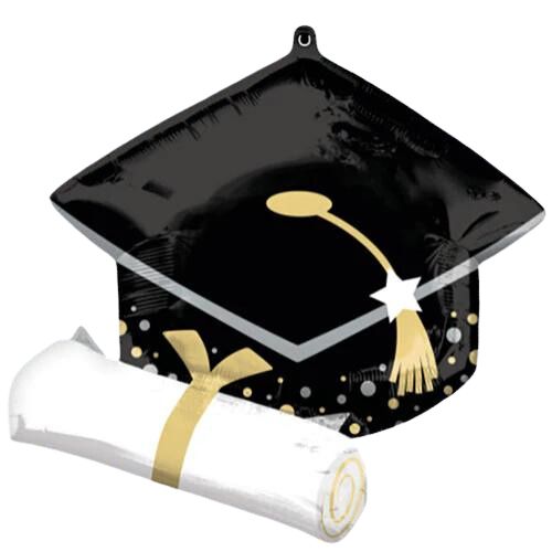 Black Grad Cap & White Diploma 25"